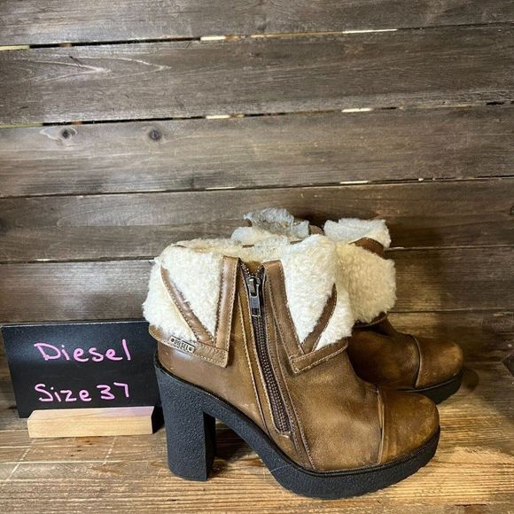 Womens Diesel Brown Leather Shearling Heeled Ankle Booties Boots‎ Size 37 US 7 M - Picture 1 of 8